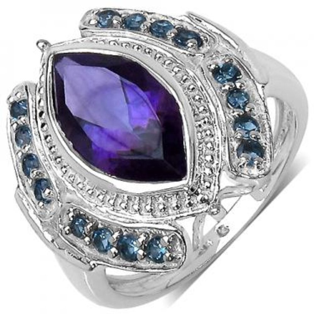 White Gold Rhodium Over .925 SS - 1.0 CTW Amethyst & London Blue Topaz Ring